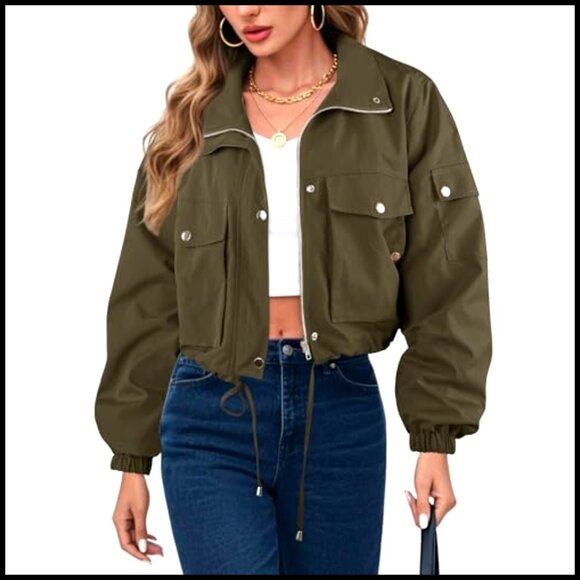 Cropped Bomber Jacket Lightweight Zip Up Utility Anorak with Pockets - Picture 5 of 7